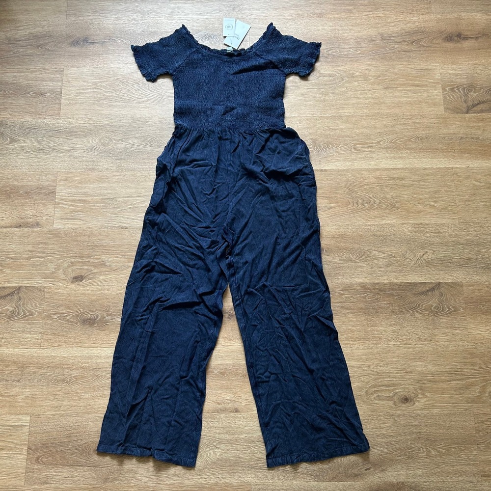 Cato Womens Smocked Denim Wash Jumpsuit Blue Short Sleeve Wide Leg Small NWT